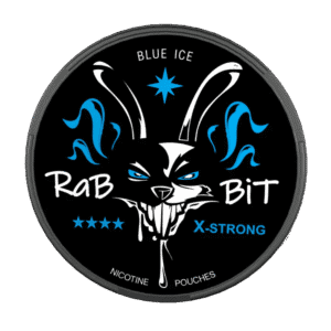 Rab Bit Blue Ice nicotine pouches logo with a fierce rabbit illustration and bold text.