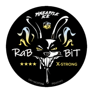 Rab Bit Douché logo with pineapple ice flavor and X-Strong nicotine strength.